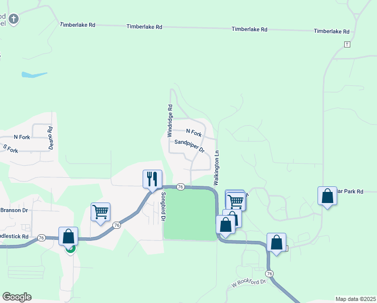 map of restaurants, bars, coffee shops, grocery stores, and more near 112 Primrose Lane in Branson