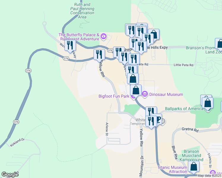 map of restaurants, bars, coffee shops, grocery stores, and more near 3701-3864 Green Mountain Drive in Branson