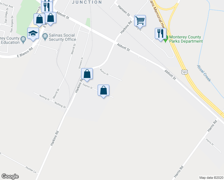map of restaurants, bars, coffee shops, grocery stores, and more near 1367 Dayton Street in Salinas