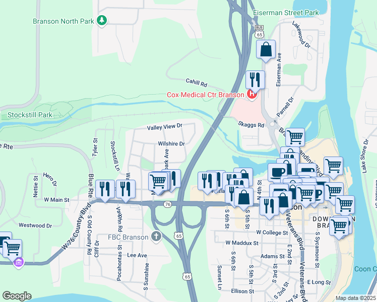 map of restaurants, bars, coffee shops, grocery stores, and more near 406 Oak Lane in Branson