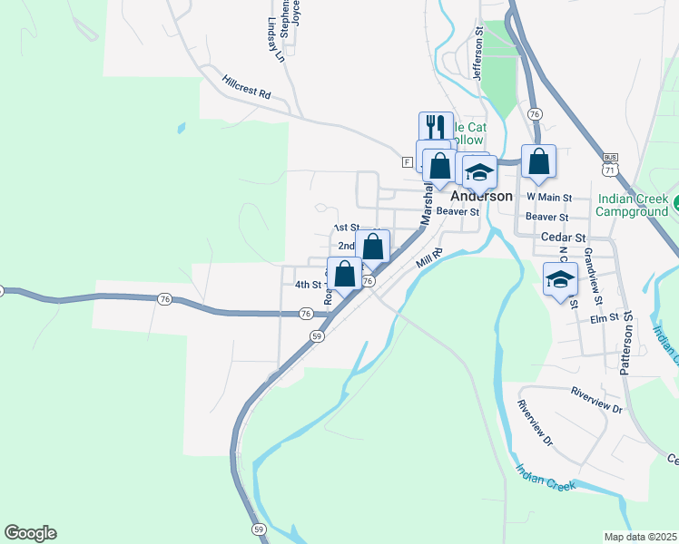 map of restaurants, bars, coffee shops, grocery stores, and more near 419 3rd Street in Anderson