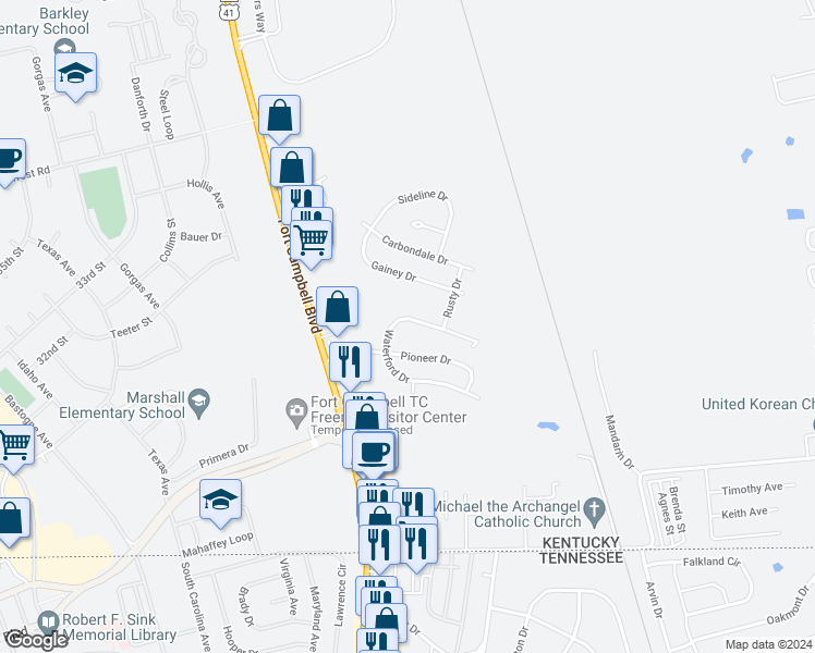 map of restaurants, bars, coffee shops, grocery stores, and more near 106 Waterford Drive in Oak Grove