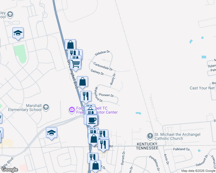map of restaurants, bars, coffee shops, grocery stores, and more near 127 Waterford Drive in Oak Grove