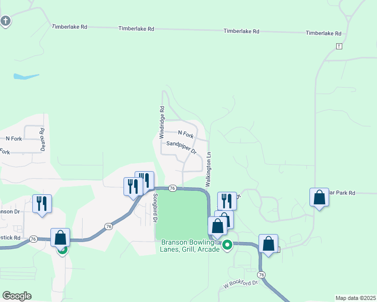 map of restaurants, bars, coffee shops, grocery stores, and more near 231 Spring Meadow Parkway in Branson