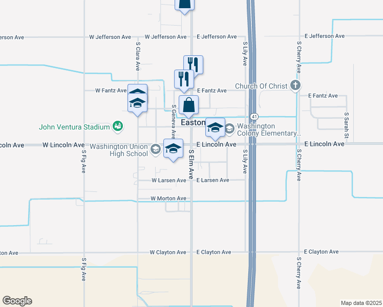 map of restaurants, bars, coffee shops, grocery stores, and more near 6041 South Elm Avenue in Fresno
