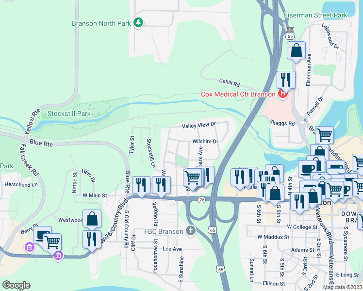 map of restaurants, bars, coffee shops, grocery stores, and more near 915 Mockingbird Lane in Branson