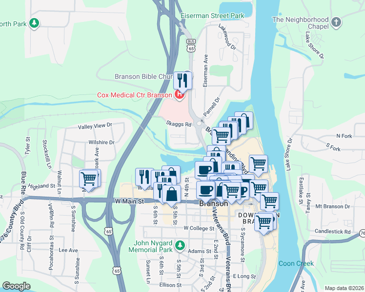 map of restaurants, bars, coffee shops, grocery stores, and more near 300-498 Roark Rd in Branson
