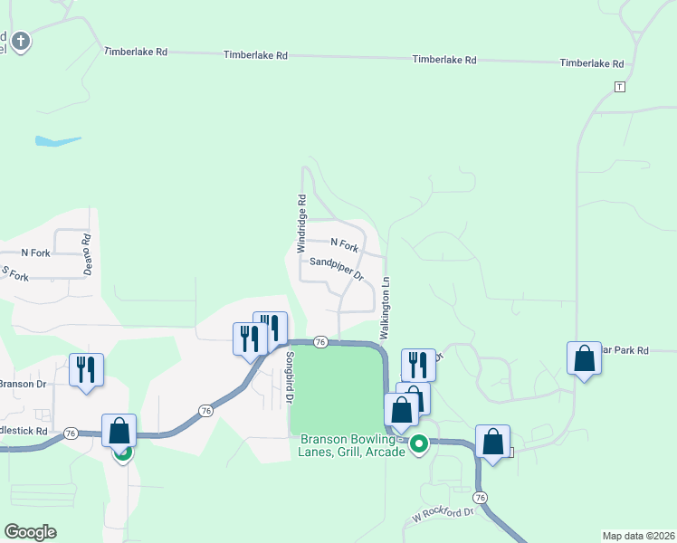 map of restaurants, bars, coffee shops, grocery stores, and more near 231 Spring Meadow Parkway in Branson