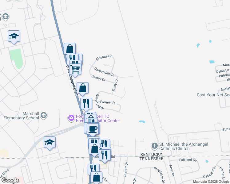 map of restaurants, bars, coffee shops, grocery stores, and more near 127 Waterford Drive in Oak Grove