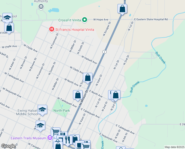 map of restaurants, bars, coffee shops, grocery stores, and more near 607 North Wilson Street in Vinita