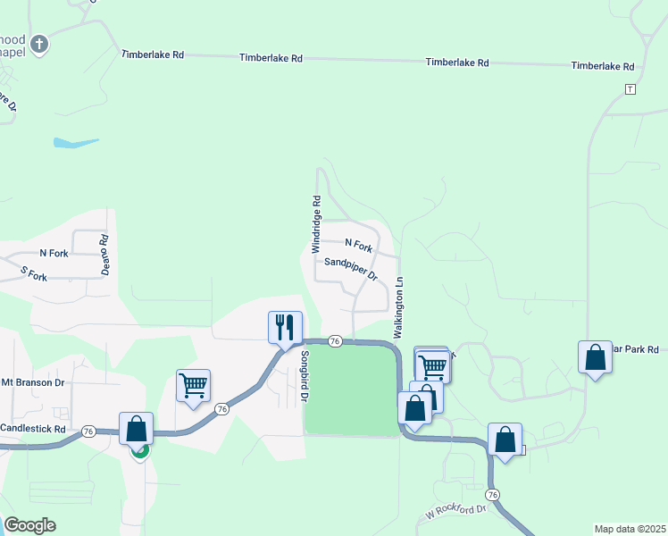 map of restaurants, bars, coffee shops, grocery stores, and more near 124 Primrose Lane in Branson