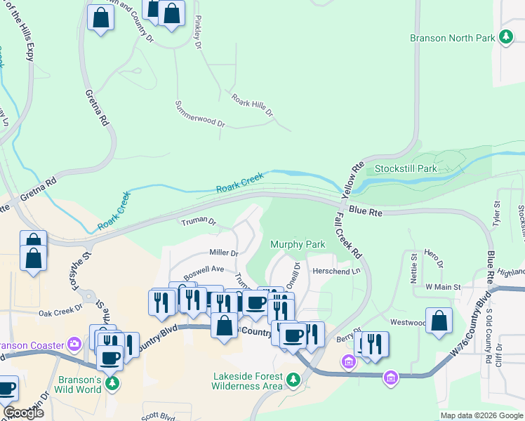 map of restaurants, bars, coffee shops, grocery stores, and more near 1504 Todd Drive in Branson