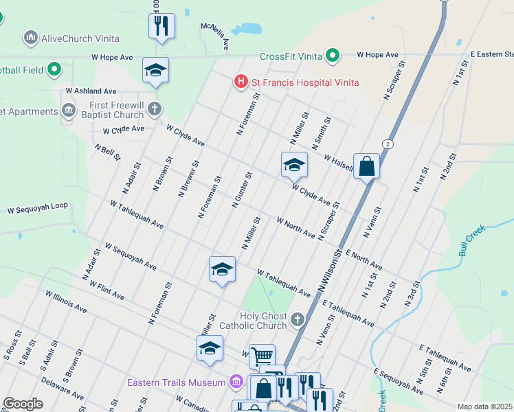 map of restaurants, bars, coffee shops, grocery stores, and more near 469 North Miller Street in Vinita