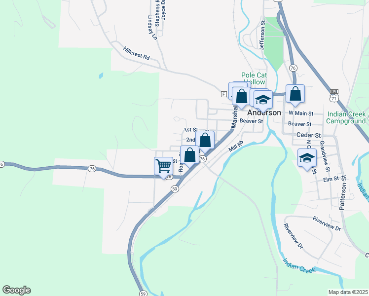 map of restaurants, bars, coffee shops, grocery stores, and more near 419 3rd Street in Anderson