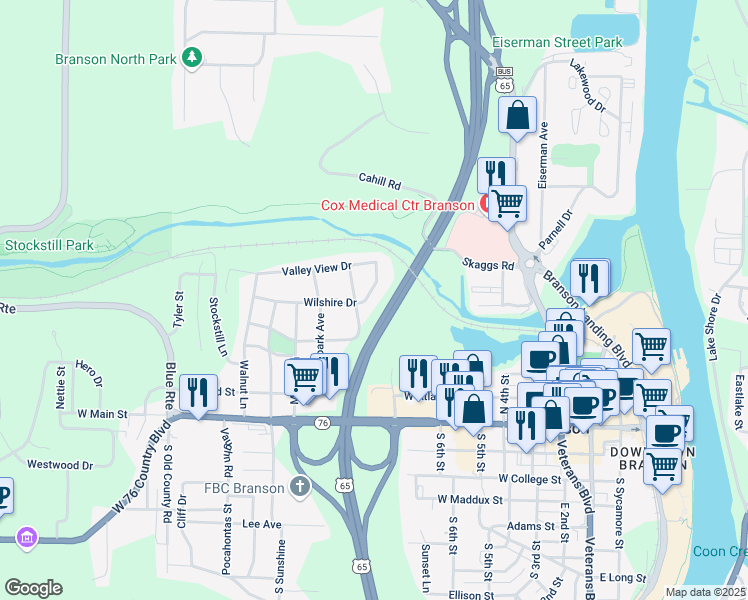 map of restaurants, bars, coffee shops, grocery stores, and more near 406 Oak Lane in Branson