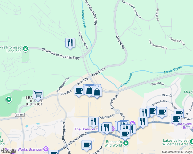 map of restaurants, bars, coffee shops, grocery stores, and more near 2160-2354 Roark Valley Road in Branson