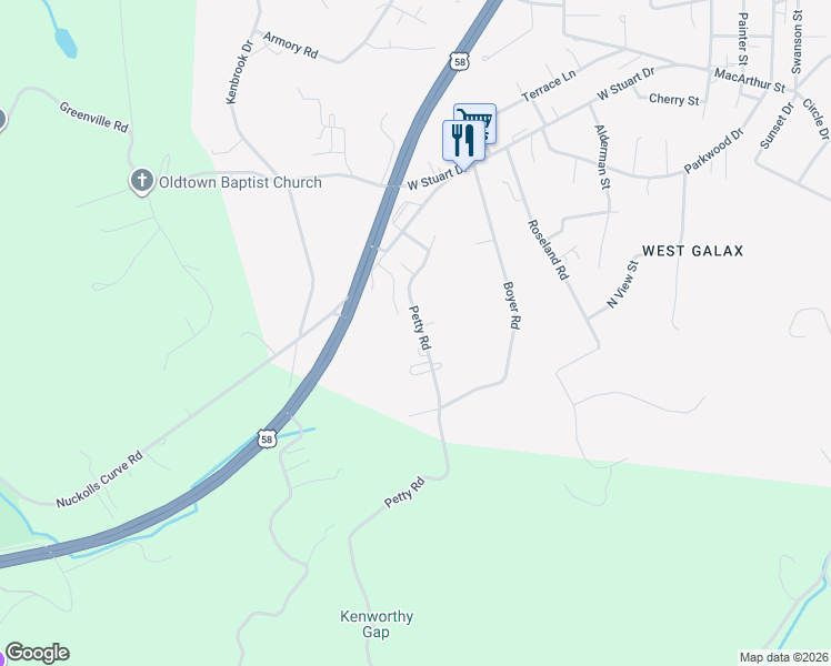 map of restaurants, bars, coffee shops, grocery stores, and more near 132 Petty Road in Galax