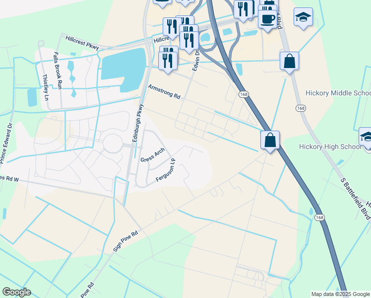 map of restaurants, bars, coffee shops, grocery stores, and more near 329 Cairns Road in Chesapeake