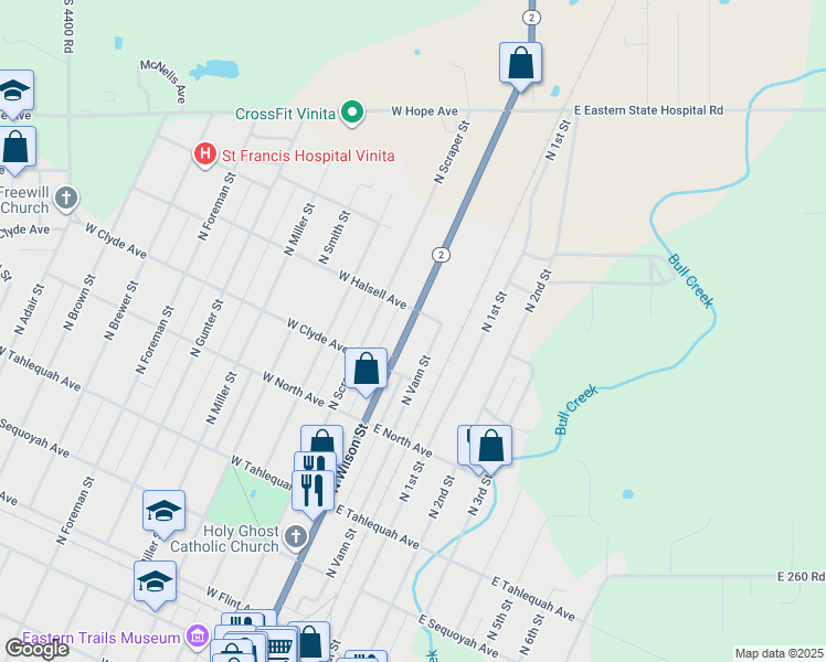 map of restaurants, bars, coffee shops, grocery stores, and more near 643-651 E Halsell Ave in Vinita