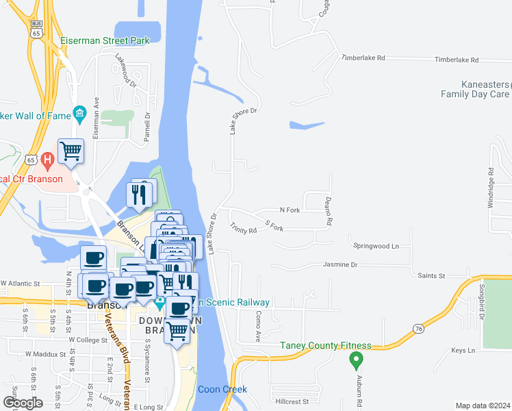 map of restaurants, bars, coffee shops, grocery stores, and more near 113 North Fork in Branson