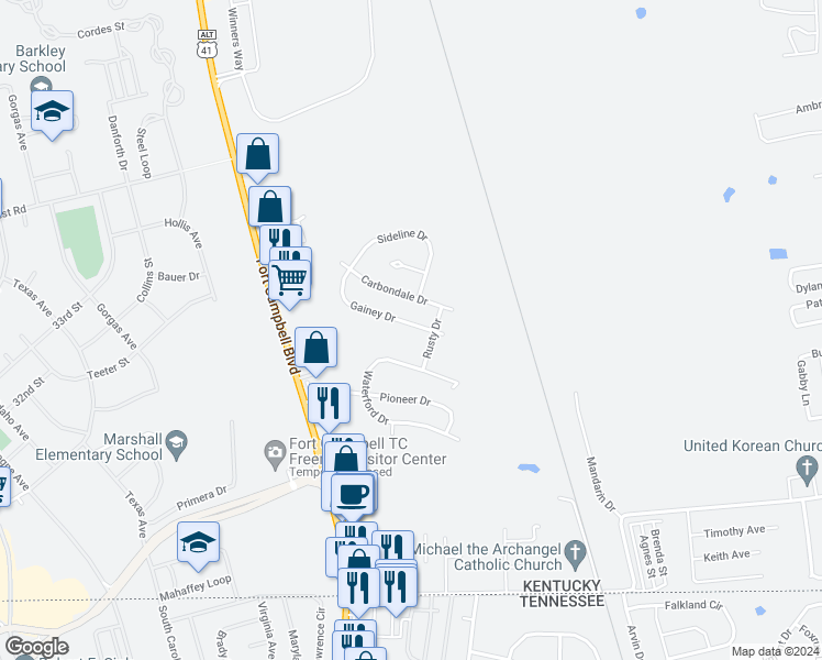 map of restaurants, bars, coffee shops, grocery stores, and more near 530 Gainey Drive in Oak Grove