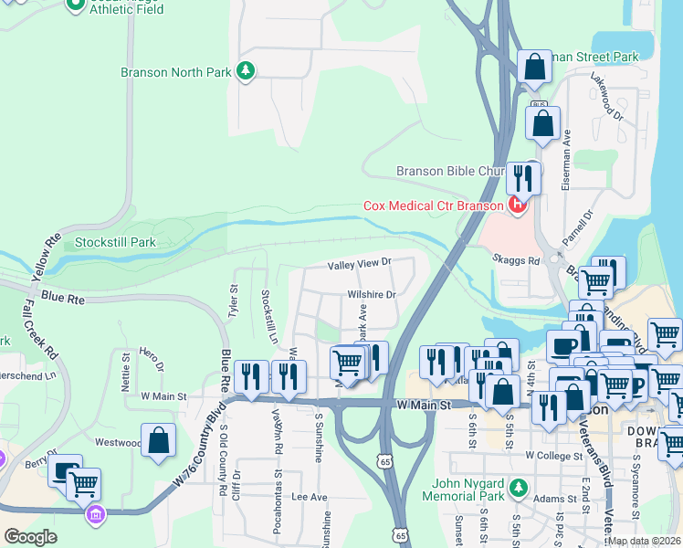 map of restaurants, bars, coffee shops, grocery stores, and more near 910 Valley View Drive in Branson