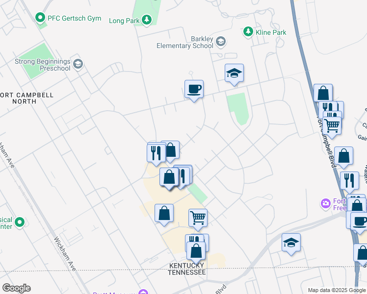 map of restaurants, bars, coffee shops, grocery stores, and more near 35th Street in Fort Campbell