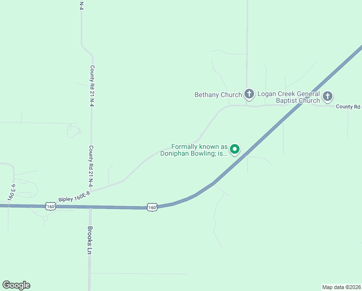 map of restaurants, bars, coffee shops, grocery stores, and more near County Road 160 E-8 in Ripley County