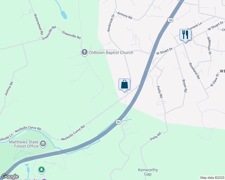 map of restaurants, bars, coffee shops, grocery stores, and more near 112 Nuckolls Curve Road in Galax