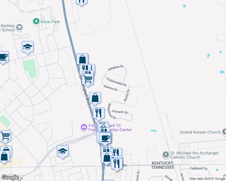 map of restaurants, bars, coffee shops, grocery stores, and more near 520 Gainey Drive in Oak Grove