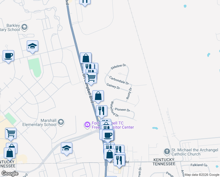 map of restaurants, bars, coffee shops, grocery stores, and more near 520 Gainey Drive in Oak Grove