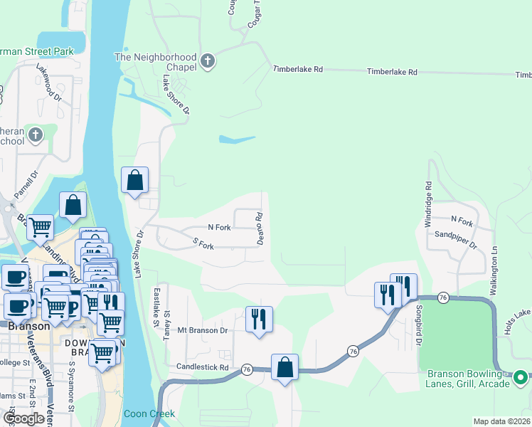 map of restaurants, bars, coffee shops, grocery stores, and more near 216 Deano Road in Branson