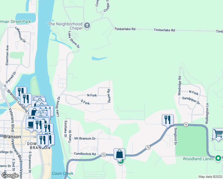 map of restaurants, bars, coffee shops, grocery stores, and more near 216 Deano Road in Branson