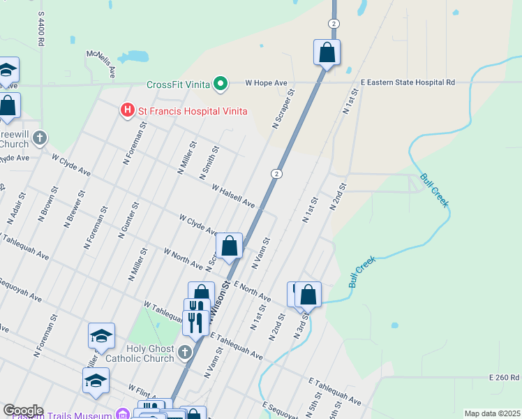 map of restaurants, bars, coffee shops, grocery stores, and more near 643 East Halsell Avenue in Vinita