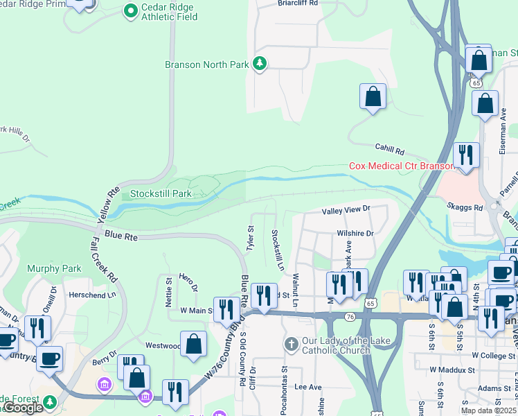 map of restaurants, bars, coffee shops, grocery stores, and more near 120 Tyler Street in Branson