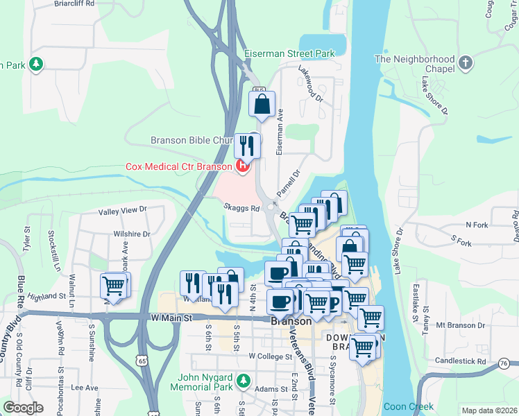 map of restaurants, bars, coffee shops, grocery stores, and more near 100-144 Skaggs Road in Branson
