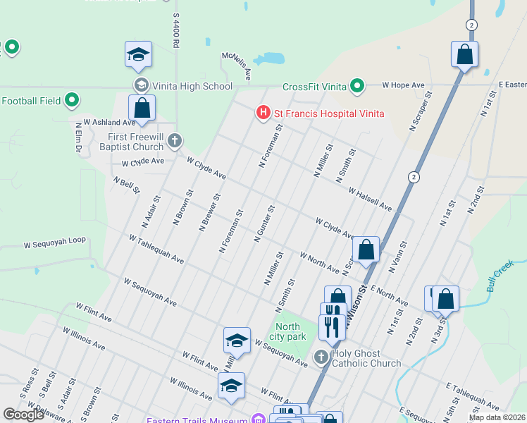 map of restaurants, bars, coffee shops, grocery stores, and more near 612 West North Avenue in Vinita