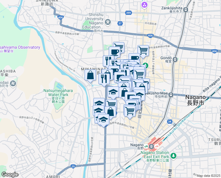 map of restaurants, bars, coffee shops, grocery stores, and more near in Nagano