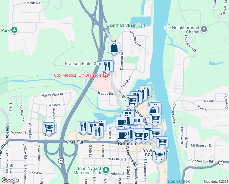map of restaurants, bars, coffee shops, grocery stores, and more near 100 Skaggs Road in Branson