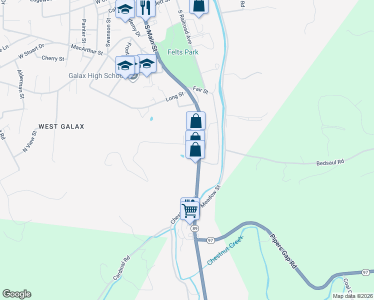 map of restaurants, bars, coffee shops, grocery stores, and more near 202 Cedar Street in Galax