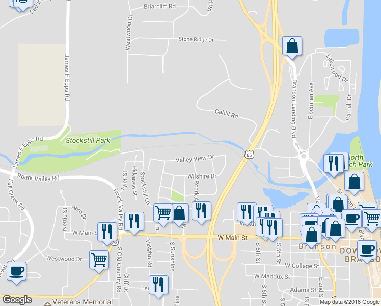 map of restaurants, bars, coffee shops, grocery stores, and more near 825 Valley View Drive in Branson