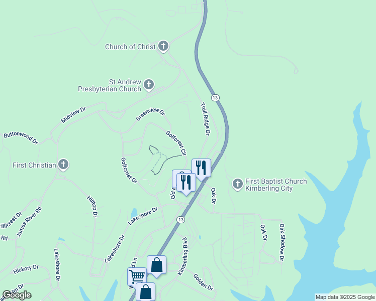 map of restaurants, bars, coffee shops, grocery stores, and more near 5-21 Golfcrest Circle in Kimberling City