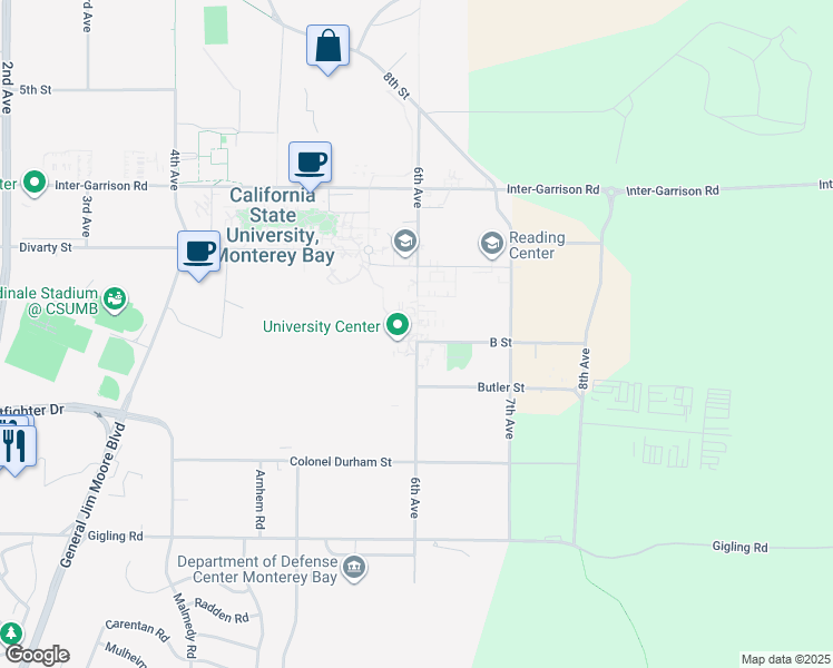 map of restaurants, bars, coffee shops, grocery stores, and more near 100 Campus Center in Seaside