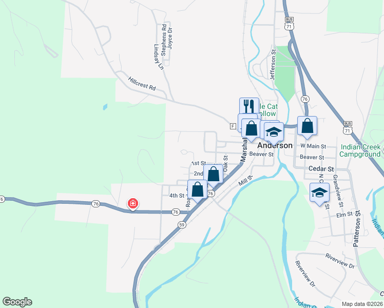 map of restaurants, bars, coffee shops, grocery stores, and more near Beaver Drive in Anderson