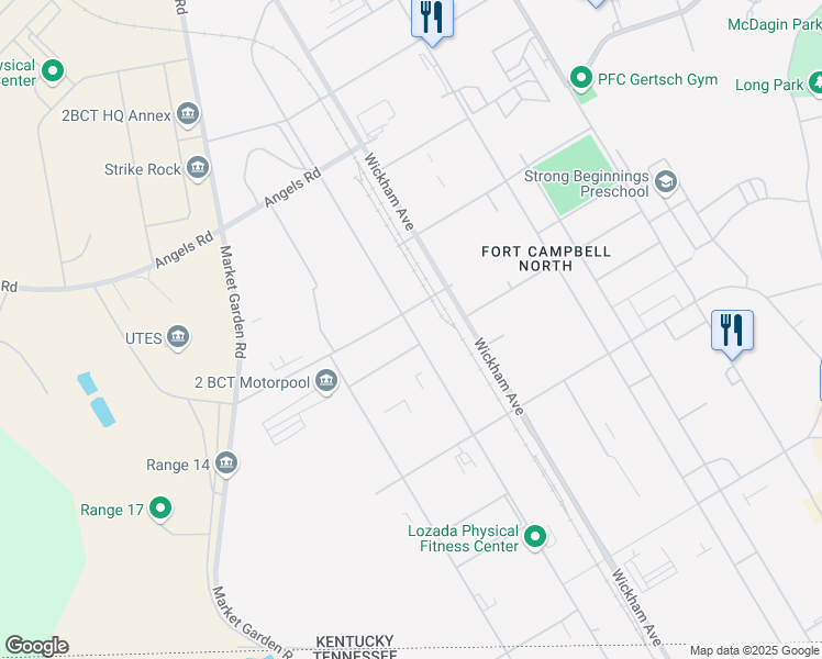 map of restaurants, bars, coffee shops, grocery stores, and more near Desert Storm Avenue in Fort Campbell