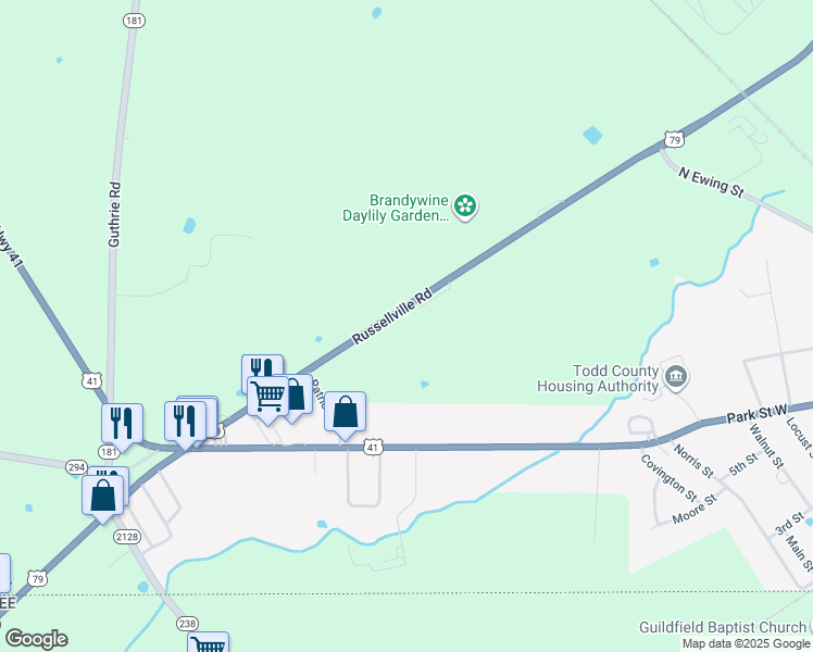 map of restaurants, bars, coffee shops, grocery stores, and more near 9580 Russellville Road in Guthrie