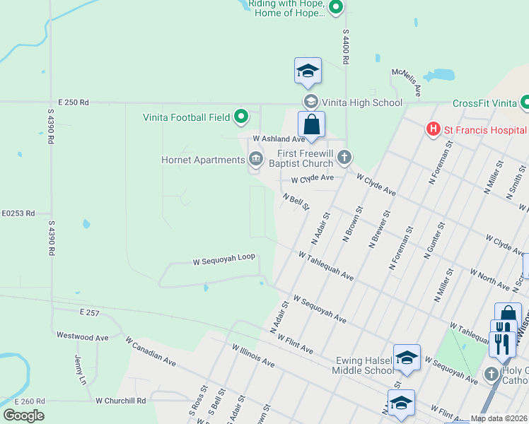 map of restaurants, bars, coffee shops, grocery stores, and more near 130 Clay Circle in Vinita