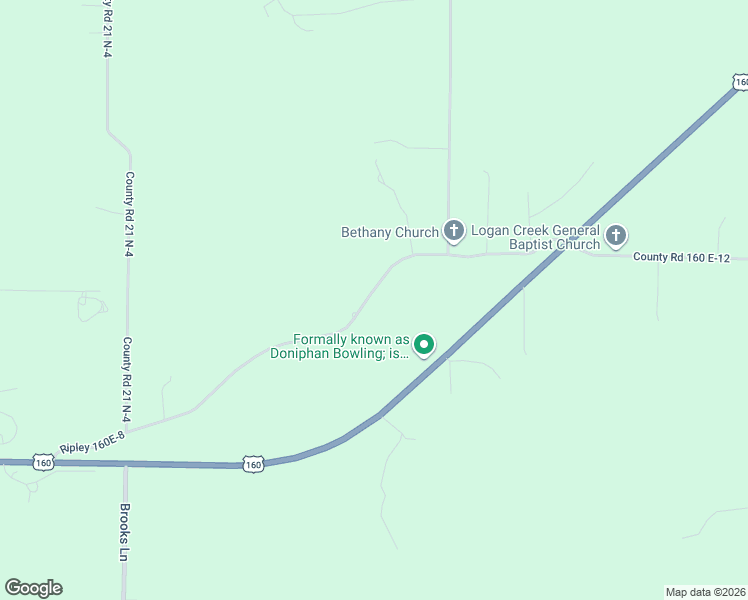map of restaurants, bars, coffee shops, grocery stores, and more near County Road 160 E-8 in Doniphan