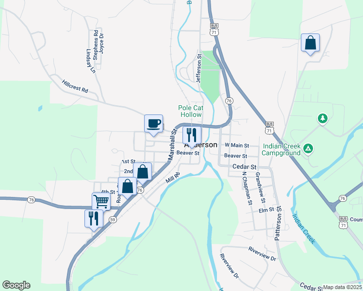map of restaurants, bars, coffee shops, grocery stores, and more near 109 West Main Street in Anderson