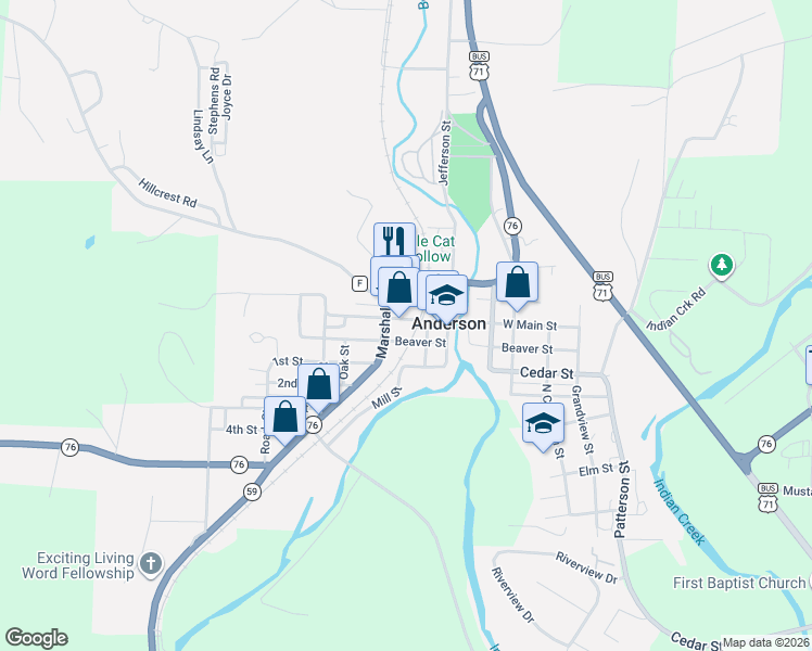map of restaurants, bars, coffee shops, grocery stores, and more near 101 West Main Street in Anderson
